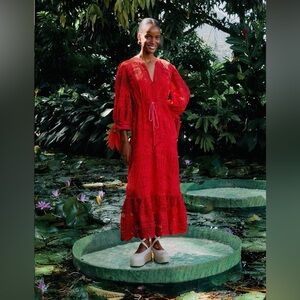 Farm Rio Red Morada Boa Guipure Maxi Dress